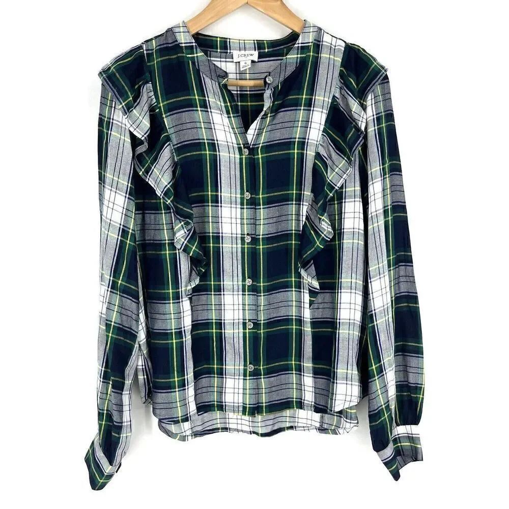 J Crew Top Size Small Womens Green Navy Ruffle Button Front Long Sleeve Plaid